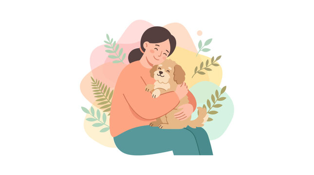 Woman hugs her small puppy with gentle affection while sitting against a soft decorative background.