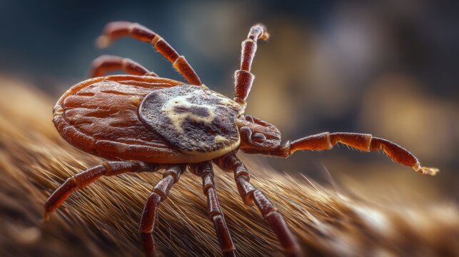 Extreme macro of a tick attached to the fur of a wild deer, natural woodland habitat softly blurred behind, wildlife ecology and parasite research