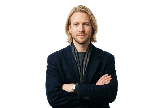 Man stands upright with arms crossed, looking at camera and smiling slightly. Bright white background creates focus on subject. Concept of business, professionalism, and entrepreneurship