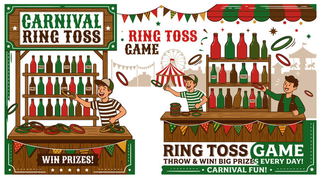 Carnival ring toss game booth with bottles and prizes.
