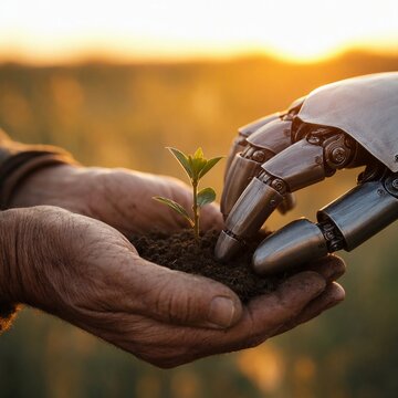 Close golden light on robot fingers steadying farmer's sprout