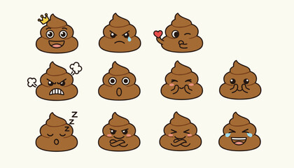 Fototapeta premium Cute collection of brown cartoon poop emojis showing different facial expressions and emotions, vector illustration.