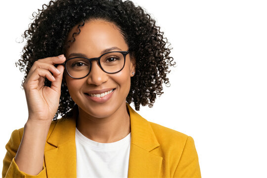 Woman is smiling and adjusting her glasses in a bright studio with a white background. Her confident pose showcases her style. Concept of eyewear, fashion, beauty