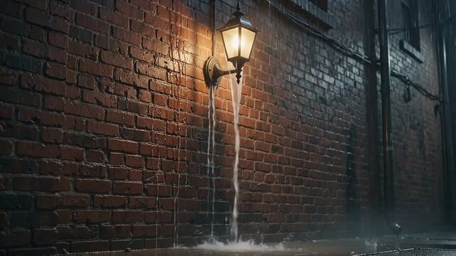 Rain falls heavily on a red brick wall with a glowing vintage street lamp in a dark urban alley at night.