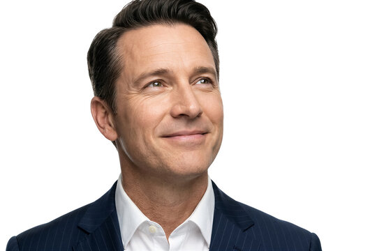 Man smiles while looking up with a hopeful expression. Indoor location with light backdrop creates a clean appearance. Concept of corporate, coaching, personal growth