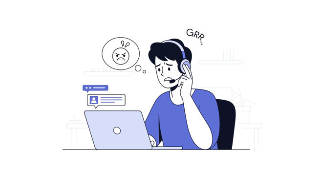 Frustrated Customer Service Agent with Headset and Laptop - Grr