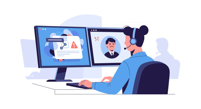 Customer service agent with headset, working at computer, showing error on screen