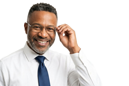 Man smiling and adjusting glasses with confidence. Bright indoor setting with white background. Concept of business, personal style, professional image