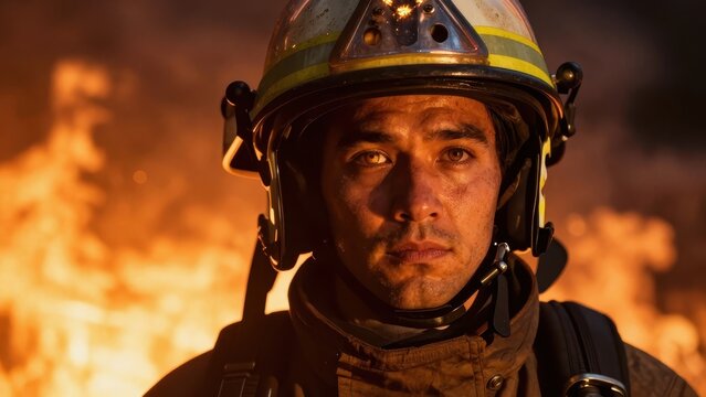 Brave male firefighter looking at camera with intense expression during emergency rescue operation with raging fire and thick smoke in the background at night