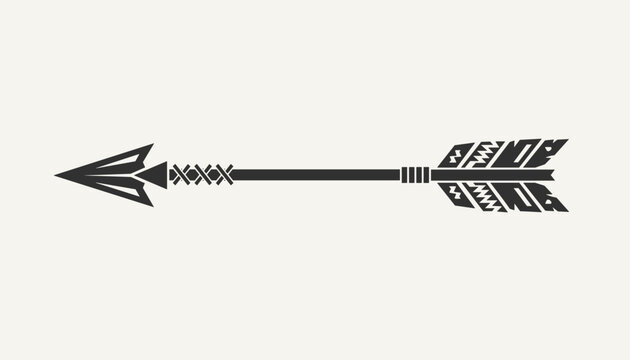 Black silhouette of a traditional Native American archery arrow with feathers, flat vector illustration on white.