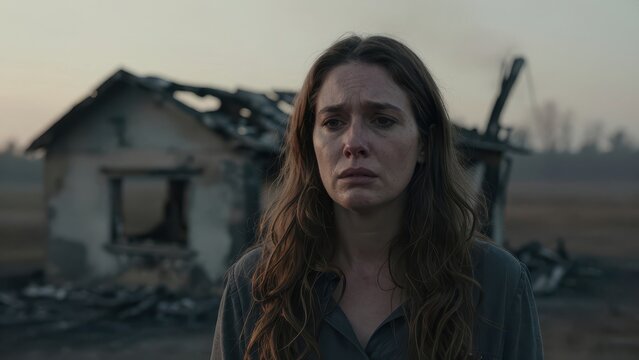 Distressed young woman looking at camera with tearful eyes and sad expression standing in front of a destroyed ruined house in a desolate rural landscape during twilight