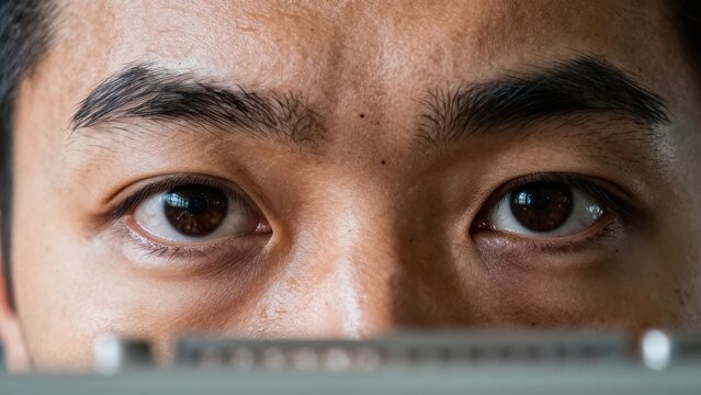 Extreme close up of intense eyes of a focused young Asian man looking at computer screen while working in dark modern office environment with soft ambient lighting for concentration