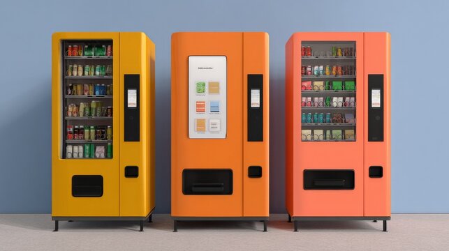 Colorful vending machines displaying various snacks and beverages