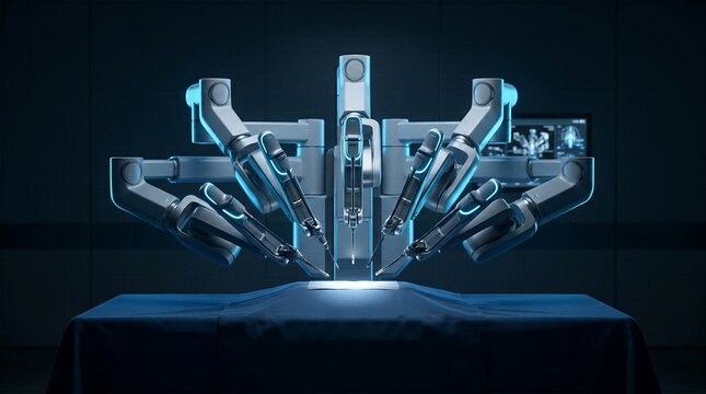Dramatic studio shot of state of the art robotic surgical system with multiple arms poised over an empty operating table highlighting medical innovation