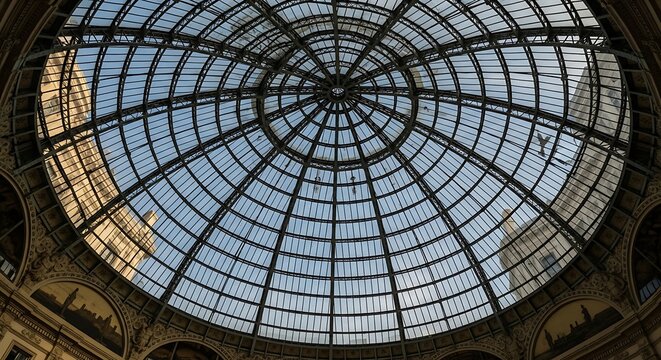 Glass dome ceiling of a historic building. Architectural roof structure with metal frame.