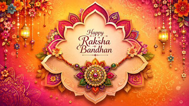 Happy raksha bandhan ornate jeweled floral rakhi with golden lanterns vivid flowers mandala frame and warm orange background celebrating radiant rakhi purnima