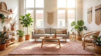 Fototapeta premium Boho-chic living room with lush indoor plants and pink rug.