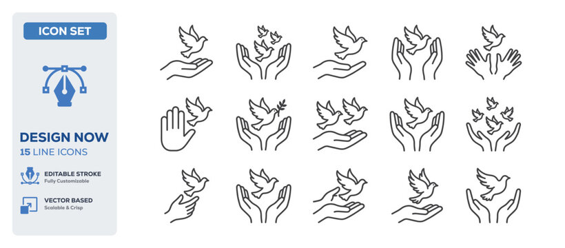 flat vector illustration line art icon bundle set design focused on peaceful hand symbols birds and caring gestures for charity hope and humanitarian support brands