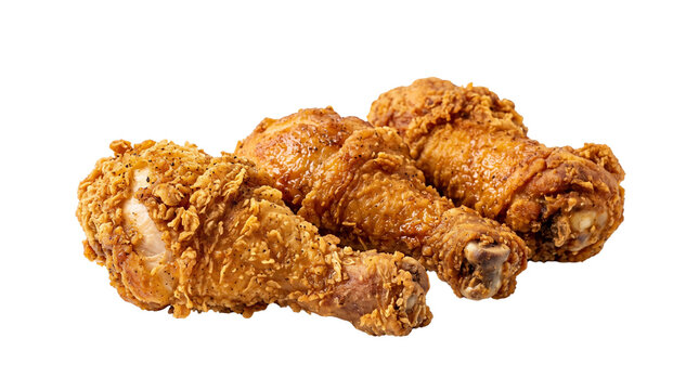 Three golden fried chicken drumsticks with crispy breaded coating, juicy interior, realistic food styling, isolated on transparent background