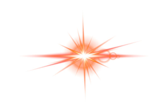 Bright orange starburst light flare effect with lens flare during a bright studio shoot isolated on transparent background