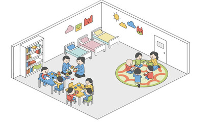 Naklejka premium Isometric interior of a colorful daycare classroom with children playing, drawing, and sleeping in beds.
