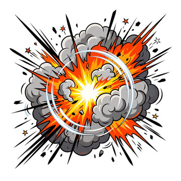 Comic book explosion with orange fire and grey smoke clouds, retro pop art blast effect on white background, dynamic action burst illustration