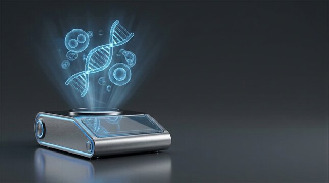 Futuristic medical device projecting a glowing blue holographic three dimensional DNA double helix and cellular structures for advanced genetic research