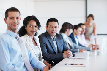Fototapeta premium Team, meeting and portrait of business people in office for stock market analysis, about us and pride. Trading advisor, smile and broker consultant with employees in boardroom for finance workshop