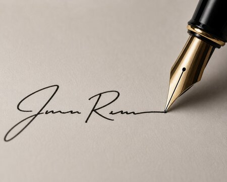 Fountain Pen Writing an Elegant Signature on Paper