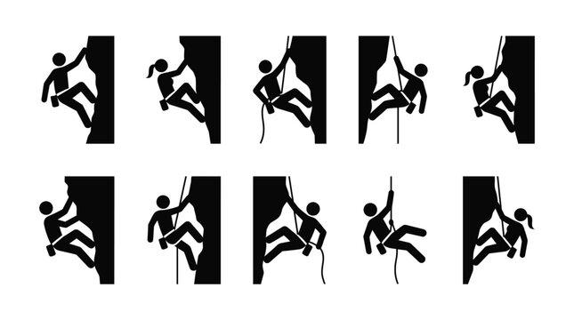 Rock climbers are depicted in a series of black silhouette icons showcasing various climbing techniques and equipment usage on a vertical wall surface.