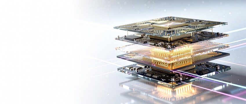 Panoramic 21:9 3D render of stacked quantum semiconductor microchip with gold circuits and glass layers on white background with copy space