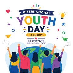 Naklejka premium International Youth Day Colorful Flat Vector Poster with Youth Standing Together Around the World
