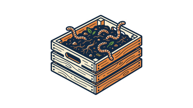 A wooden crate filled with dark soil and several earthworms for composting