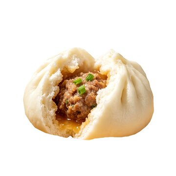 Torn Open Steamed Meat Bun Soft White Dough Juicy Meat Filling Savory Broth Scallions