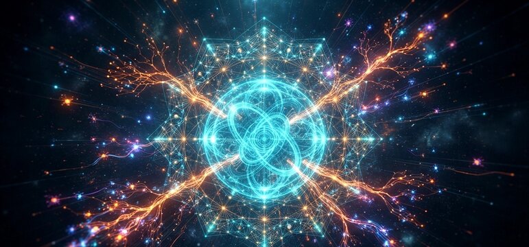 AGI core glows cyan recursive loops orange knowledge expansion