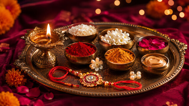 Happy raksha bandhan ceremonial thali with diya kumkum turmeric rice flowers and ornate rakhi on burgundy fabric celebrating sacred rakhi purnima tradition