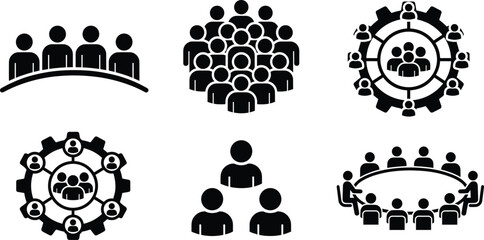 Teamwork and Business People Silhouette Icon Set for Organization and Collaboration