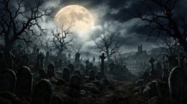 Dark Spooky Graveyard Under Glowing Moon