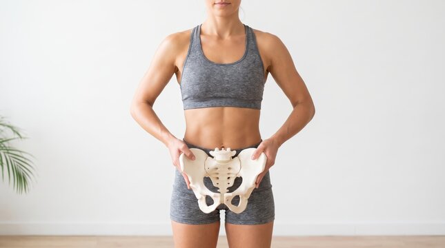 Woman holding a pelvic bone anatomy model isolated on bright background showcasing hip structure, reproductive health, and orthopedic science.
