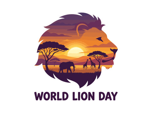World lion day illustration with african savanna landscape silhouette