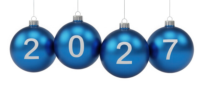 Four blue christmas tree balls showing the year 2027 isolated on transparent background