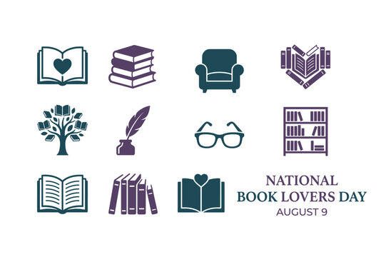 National book lovers day icons set with books, reading glasses, and armchair