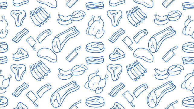 Seamless pattern of meat products and butchering tools, including steaks, ribs, bacon, sausage, whole chicken, and cleavers, outlined in blue on a white background, perfect for
