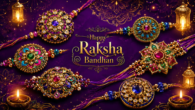 Happy raksha bandhan luxurious multicolor gemstone rakhis with glowing lanterns and diyas on royal purple background celebrating vibrant rakhi purnima festivities tradition