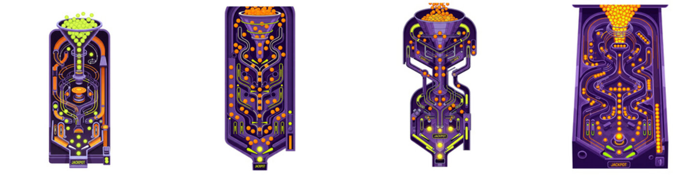 Neon pinball machine boards with glowing balls and jackpot winning slots