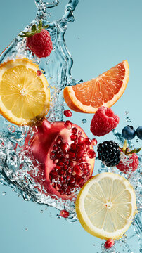 Luxury fruit composition with pomegranate, citrus, berry, water splash, reflection, aqua background, mocktail ingredient, wellness branding, premium nutrition mood.