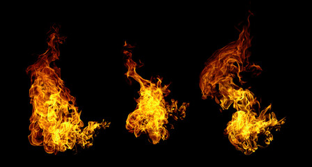 Fototapeta premium Three bright orange fire flames isolated on black background with copy space, ideal for burning, heat, energy, combustion, danger, blaze, inferno, emergency, and dramatic design concepts.