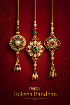 Happy raksha bandhan luxurious jeweled floral rakhis with pearls emeralds rubies and gold detailing on burgundy background for rakhi purnima celebration tradition