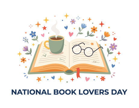 National book lovers day illustration with open book and coffee