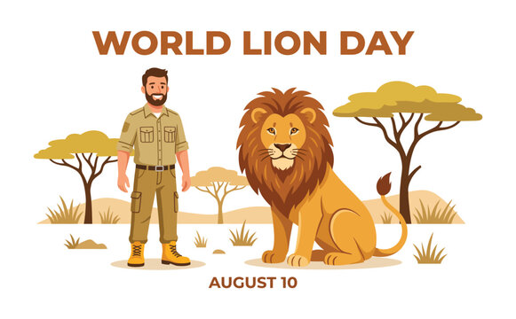 World lion day illustration with a park ranger and a lion in the savanna